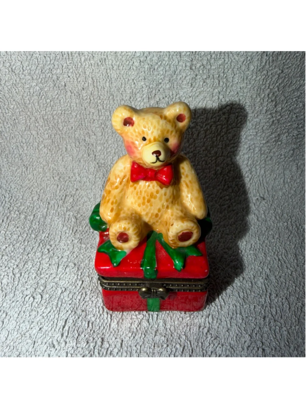 Vintage Small Hinged Trinket Box Christmas Present Teddy Bear Porcelain